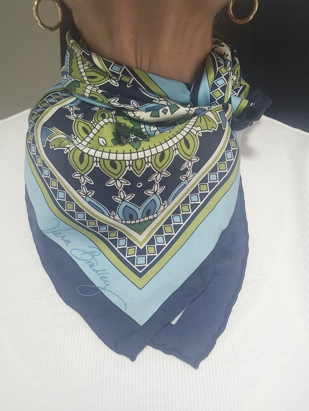 Vera Bradley 100% Silk Navy, Light Blue Green Paisley Floral Scarf, 27" Square - Picture 4 of 10